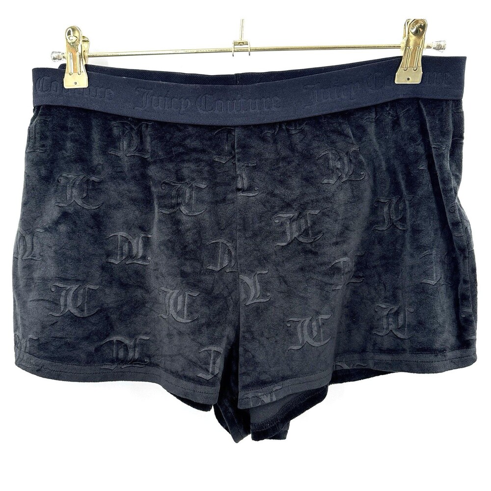 Juicy Couture Black Velour Shorts L Embossed JC Logo Y2K Lounge Sleepwear 2000s